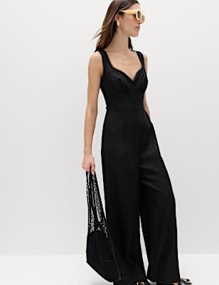Linen Blend Tie Detail Waisted Jumpsuit