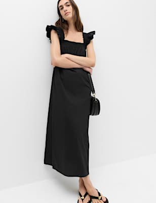 Pure Cotton Shirred Midaxi Smock Dress