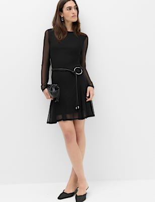 Mesh Round Neck Mini Skater Dress