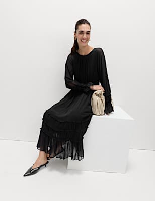 Sheer Frill Detail Midi Waisted Dress