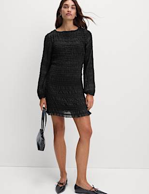 Textured Shirred Mini Relaxed Smock Dress