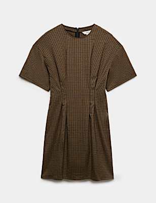 Checked Crew Neck Mini Waisted Dress