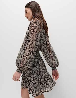 Chiffon Floral Tie Neck Mini Waisted Dress