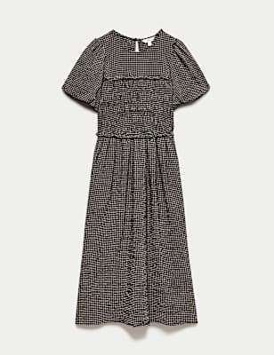 Gingham Puff Sleeve Midi Waisted Dress