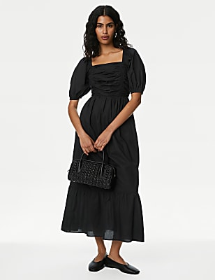 Pure Cotton Square Neck Midi Waisted Dress