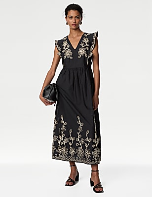 Pure Cotton Embroidered V-Neck Midi Dress