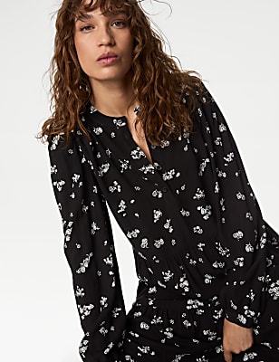 Printed Round Neck Midi Tiered Dress