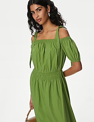Pure Cotton Puff Sleeve Midi Waisted Dress