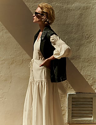 Cotton Blend V-Neck Midi Tiered Dress