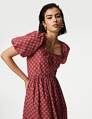 Pure Cotton Printed Square Neck Midi Waisted Dress