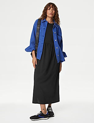 Jersey Round Neck Midi Waisted Dress