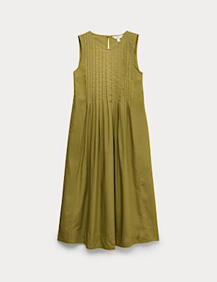 Pure Cotton Pintuck Midi Relaxed Dress