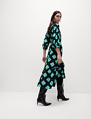 Printed V-Neck Midi Wrap Dress