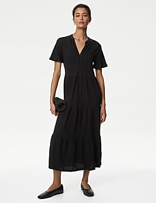 Pure Cotton Jersey V-Neck Midi Tiered Dress