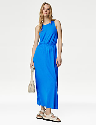 Linen Rich Jersey Round Neck Midi Waisted Dress