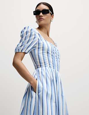 Pure Cotton Striped Midi Waisted Dress