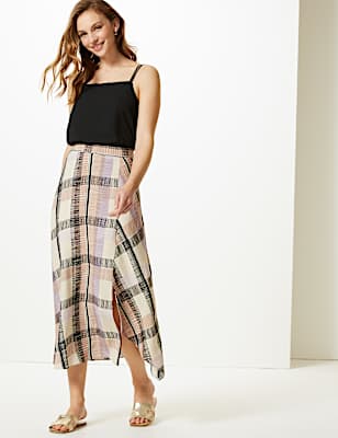 Checked Asymmetric Midi Skirt