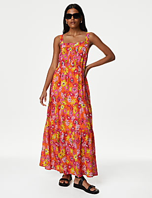 Cotton Blend Printed Maxi Tiered Dress