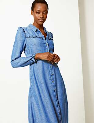Denim Ruffle Detail Shirt Dress