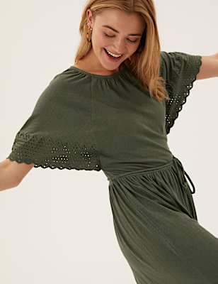 Pure Cotton Belted Midi Waisted Dress