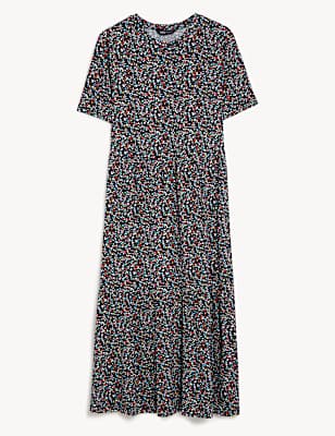 Jersey Printed Round Neck Midi Tiered Dress