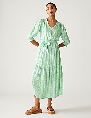 Printed V-Neck Midi Waisted Dress