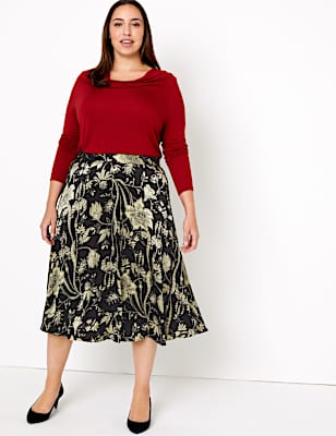 Floral Print Fit & Flare Midi Skirt
