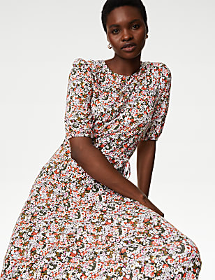 Jersey Printed Belted Midi Tea Dress