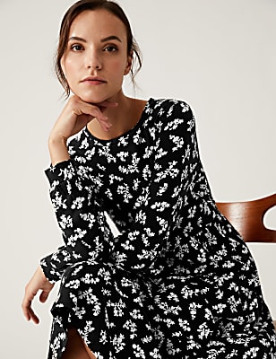 Jersey Floral Round Neck Midi Tiered Dress