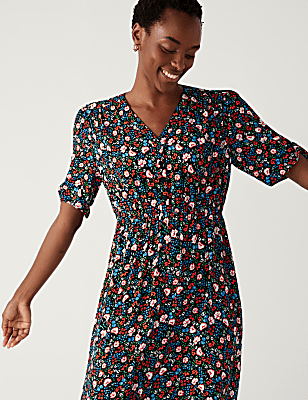 Printed V-Neck Tie Detail Midi Tea Dress