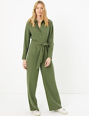 Collared Neck Belted Long Sleeve Jumpsuit