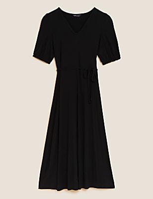 Jersey V-Neck Belted Midi Tea Dress
