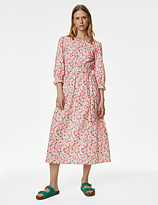 Pure Cotton Floral Midi Waisted Dress