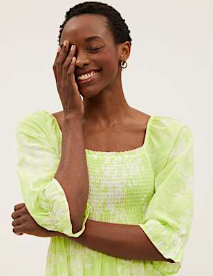 Pure Cotton Floral Square Neck Midaxi Dress