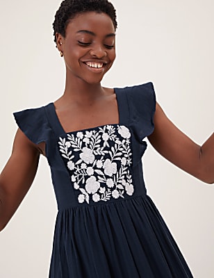 Pure Cotton Embroidered Midaxi Column Dress