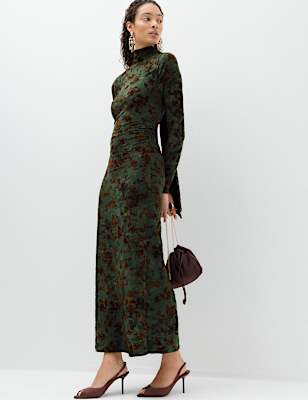 Floral Scarf Detail Midi Column Dress