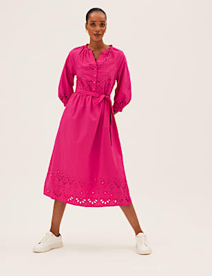 Pure Cotton Embroidered V-Neck Midi Dress