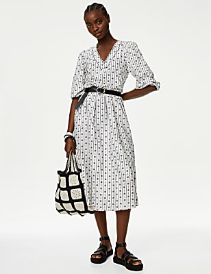 Cotton Rich Jacquard V-Neck Midi Dress
