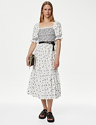 Pure Cotton Printed Square Neck Midi Dress
