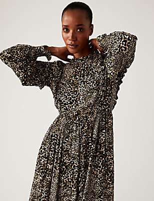 Animal Print Round Neck Midi Waisted Dress