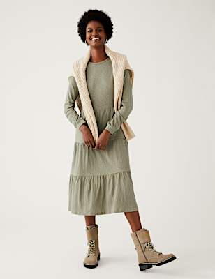 Cotton Jersey Midi Tiered Dress