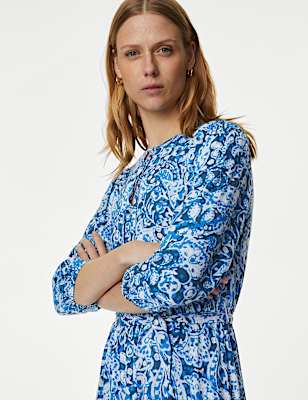 Printed Tie Neck Belted Maxi Tiered Dress