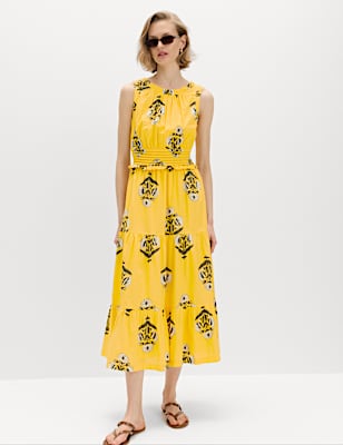 Pure Cotton Floral Midi Waisted Dress