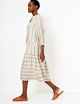 Striped V-Neck Tiered Midi Relaxed Dress