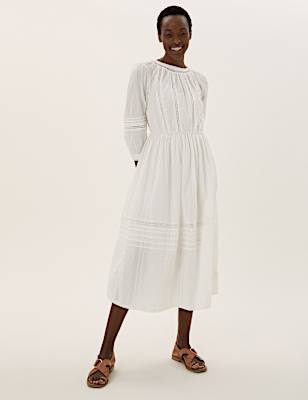 Pure Cotton Lace Trim Waisted Dress