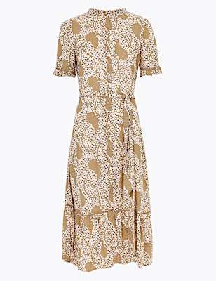 Printed Frill Belted Midi Shirt Dress