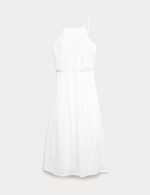 Pure Cotton Square Neck Strappy Midaxi Waisted Dress