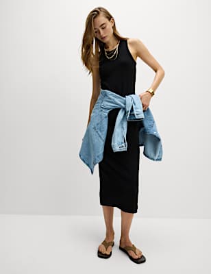 Cotton Rich Ribbed Crew Neck Midi Column Dress