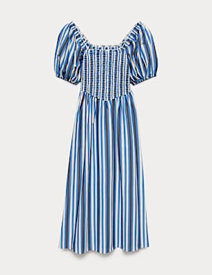 Pure Cotton Striped Shirred Midi Dress