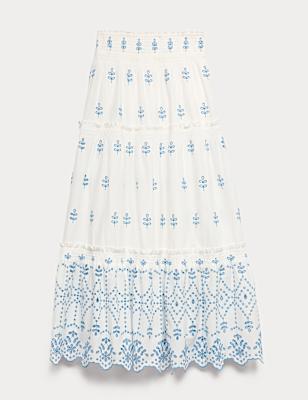 Pure Cotton Embroidered Midaxi Tiered Skirt